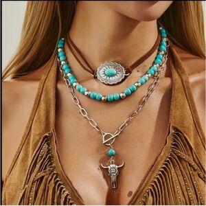 3 piece Western Turquoise Bull Skull Pendant Layered Necklace
